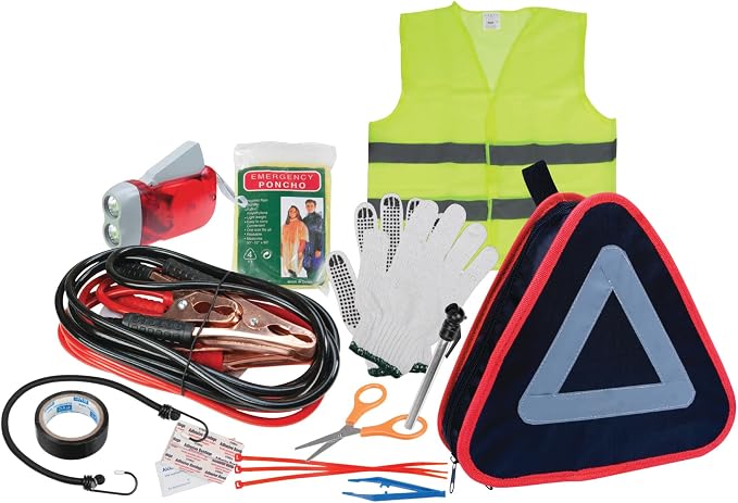 Performance Tool W1557 Roadside Assistance Kit with Jumper Cables, Reflective Triangle, Flashlight, Safety Vest, and More, in Zippered Storage Case