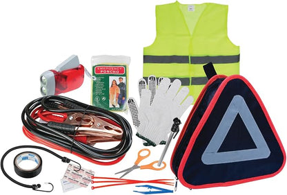 Performance Tool W1557 Roadside Assistance Kit with Jumper Cables, Reflective Triangle, Flashlight, Safety Vest, and More, in Zippered Storage Case