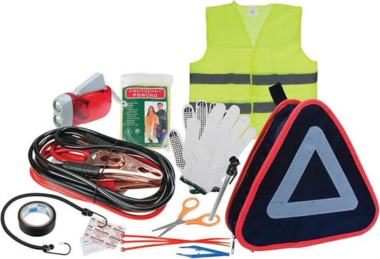 Performance Tool W1557 Roadside Assistance Kit with Jumper Cables, Reflective Triangle, Flashlight, Safety Vest, and More, in Zippered Storage Case