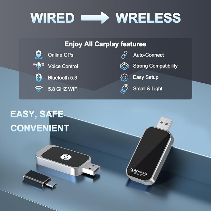 Wireless Carplay Adapter for Apple, Converts Wired to Wireless CarPlay, Plug & Play Carplay Wireless Adapter for iPhone 9 Above,Stable Fast Connection Low Latency Fits 2014 Onwards Cars