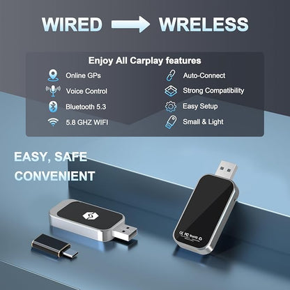 Wireless Carplay Adapter for Apple, Converts Wired to Wireless CarPlay, Plug & Play Carplay Wireless Adapter for iPhone 9 Above,Stable Fast Connection Low Latency Fits 2014 Onwards Cars