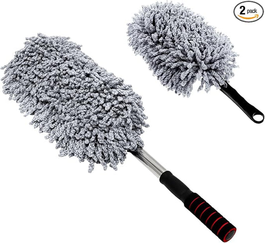 2 PCS Microfiber Car Dusters, Scratch Free Auto Exterior Dust Brust Set with Extendable Duster, Multipurpose Soft Brushes Dusting Supplies for Cars Trucks SUVs Motorcycles (Gray)