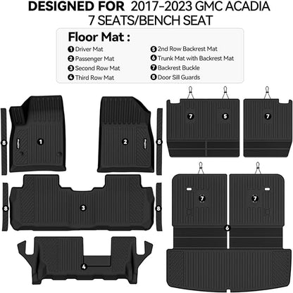 Floor Mats for 2017-2023 GMC Acadia 7 Seats with 2nd Row Bench Seat, Trunk Mat and Backrest Mat & Door Sill Guard All Weather TPE Protector for GMC Acadia Accessories
