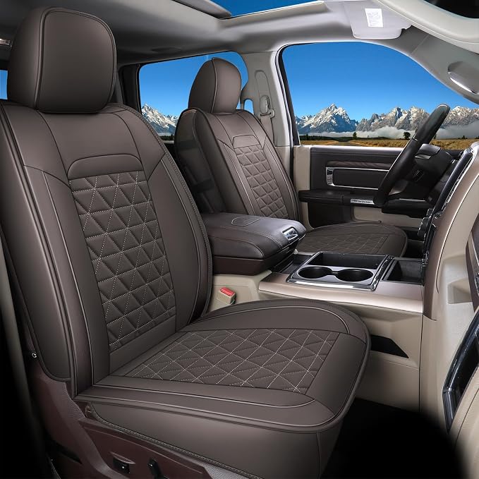 Coverado Dodge Ram Seat Covers Full Set, Waterproof Ram 1500 Seat Cover Compatible with 2002-2026 Dodge RAM 1500 2500 3500 Crew Quad Cab with Curved Bench, Coffee