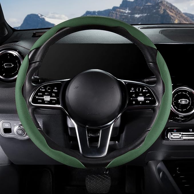 Car Steering Wheel Cover Leather Snap On 3Pcs Set Non-Slip Protector Wrap Steering Wheel Accessories 14.5-15 inch Universal Green