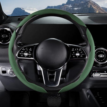 Car Steering Wheel Cover Leather Snap On 3Pcs Set Non-Slip Protector Wrap Steering Wheel Accessories 14.5-15 inch Universal Green