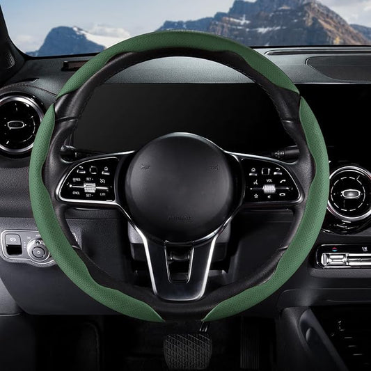 Car Steering Wheel Cover Leather Snap On 3Pcs Set Non-Slip Protector Wrap Steering Wheel Accessories 14.5-15 inch Universal Green