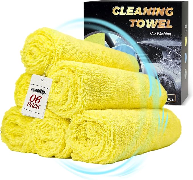 Car Wash Towels 16x16 - Microfiber, Yellow 6-Pack | Premium microfiber is highly absorbent, lint-free & reusable. Perfect for car interior, exterior, kitchen & home.