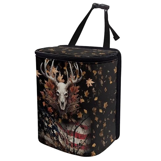 Talayituse Deer Skull American Flag Print Car Trash Can, Portable Auto Garbage Bin Multifunctional Vehicle Interior Accessories with Adjustable Straps Universal Fit Truck SUV Sedan