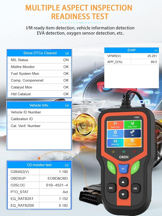 OBD2 Scanner - Car Code Reader Diagnostic Tool for Check Engine Light, Fault Code Reader & Reset, Real-Time Data, Voltage Test, EVAP & I/M Readiness for All OBD II Cars Since 1996 OBD2 V321