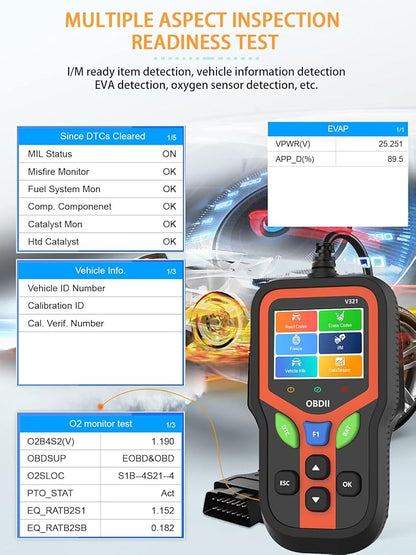 OBD2 Scanner - Car Code Reader Diagnostic Tool for Check Engine Light, Fault Code Reader & Reset, Real-Time Data, Voltage Test, EVAP & I/M Readiness for All OBD II Cars Since 1996 OBD2 V321