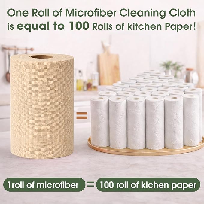 Microfiber Cleaning Cloth Roll - 100 Pack Tear Away Microfiber Paper Towels, Reusable, Washable, Scratch-Free, Kitchen Towels for Car, Home, Kitchen, Glass, Dishes (Wheat Beige)