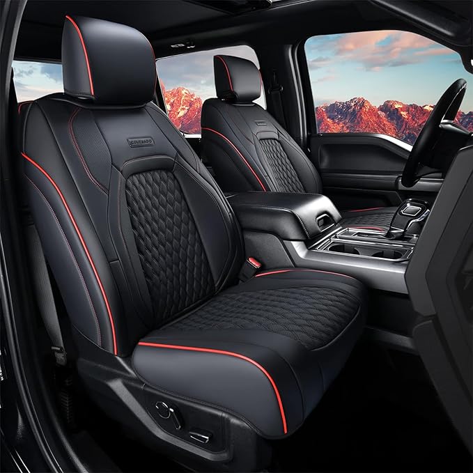 Coverado Front Seat Covers for RAM 1500, Faux Leather Car Seat Covers Cushion Cover Fit for 2009-2018 Dodge RAM 1500 2500 3500 Trucks, Red line