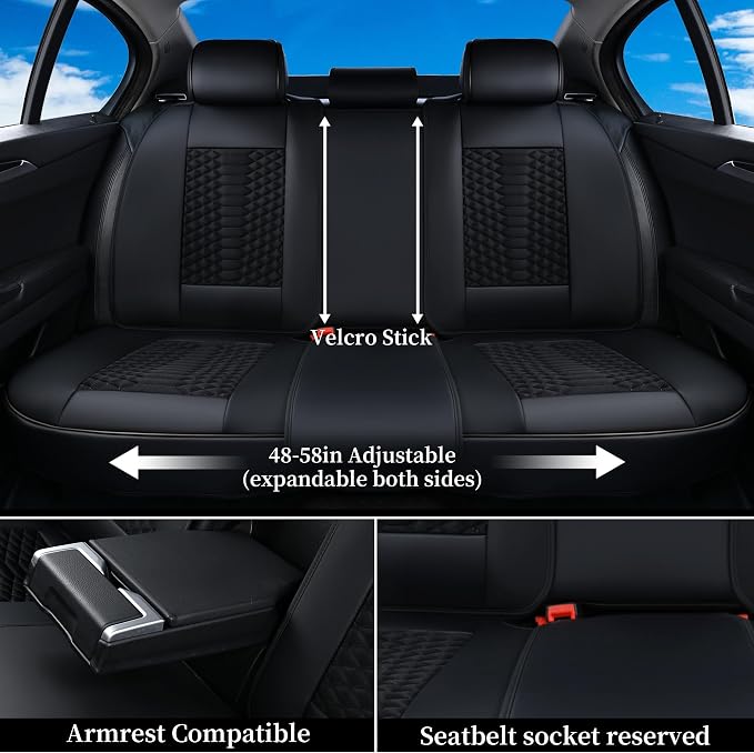 Coverado Car Seat Covers Full Set, 5 Seats Universal Seat Covers for Cars, Breathable Fabric& Faux Leather Auto Seat Cushions, Front and Rear Seat Protectors Fit for Most Sedans SUV Truck, Black