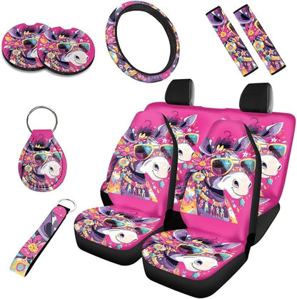 Hippy Floral Donkey Auto Interior Seat Cover 10 Pack, Boho Magenta Donkey Universal Fit Decor for Most Vehicles, Modern Animal Cartoon Bench Seat Cover Seatbelt Pads Keychain