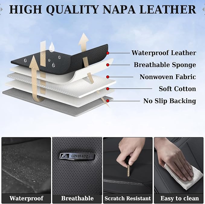Coverado Car Seat Covers, Car Seat Covers Front Seats, 2-Pack Front Seat Cover, Nappa Leather Waterproof Seat Covers, Car Seat Protectors, Automotive Seat Covers Universal Fit for Most Vehicles