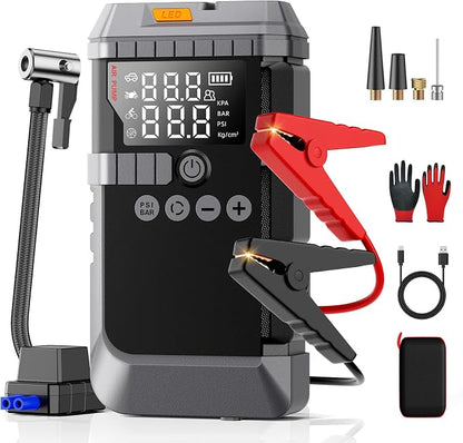 Jump Starter with Air Compressor, Battery Jumper Starter Portable,12V Jump Box with 160PSI Tire Inflator for Car Battery, LED Display for All Gas & 12L Diesel Engines, LED Light, Jumper Cables