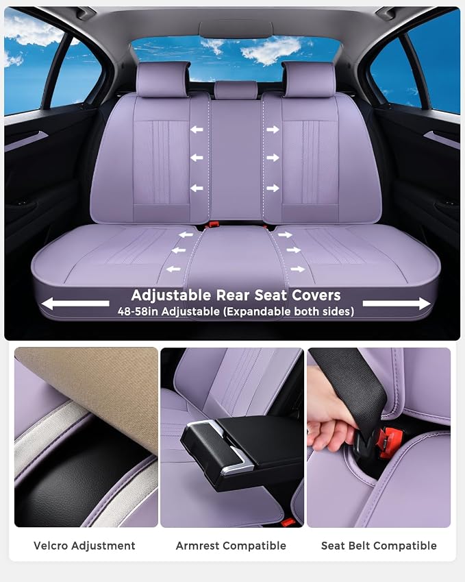 Huidasource Purple Seat Covers, Luxury Faux Leather Car Seat Covers, Velcro Adjustable, with Airbags, Child Seat, Perforation Cooling＆Heating, Universal Fit for Most Cars, Vans, Trucks, SUVs, Purple