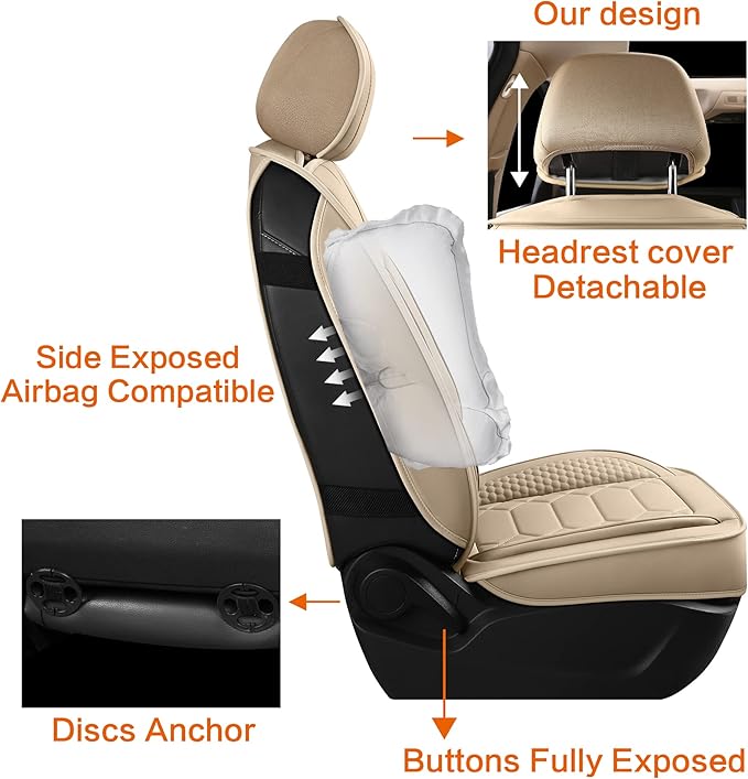 HAIYAOTIMES Leather Car Seat Covers Full Set, Waterproof Faux Leather Seat Covers for Cars, Non-Slip Car Interior Covers Universal Fit for Most Cars Sedans Trucks SUVs, Beige