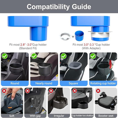 Car Seat Snack Tray for Toddlers - 3 Inch Cup Holder Fits Most Sippy Cups & Straw Bottles with Dip Well, Mess-Free Square Kids Travel Tray Road Trip Essentials, Blue