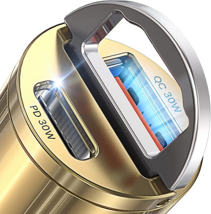 AINOPE 60W USB C Car Charger Fast Charging for iPhone 17 Pro Max Plus,[Smallest Metal] Car Charger USB C PD30+QC30W 3.0 Dual Port Cigarette Lighter Charger for iPhone 16 15 Samsung, Gold Kits