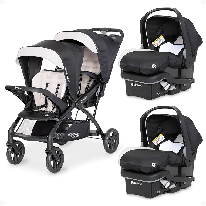 Baby Trend Sit N Stand Double Stroller & 2-Pack EZ Lift Plus Infant Car Seat, Modern Khaki - Convertible Tandem Travel System Combo for Newborn and Toddler, Foldable and Compact Design