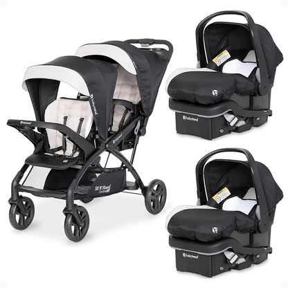 Baby Trend Sit N Stand Double Stroller & 2-Pack EZ Lift Plus Infant Car Seat, Modern Khaki - Convertible Tandem Travel System Combo for Newborn and Toddler, Foldable and Compact Design