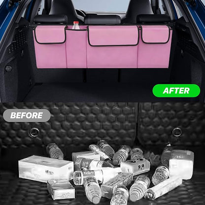 Car Trunk Organizer, Waterproof Backseat Hanging Large Storage with Adjustable Straps, Collapsible Cargo Bag with 4 Pockets, Car Interior Accessories for Truck, SUV, MPV (Pink)