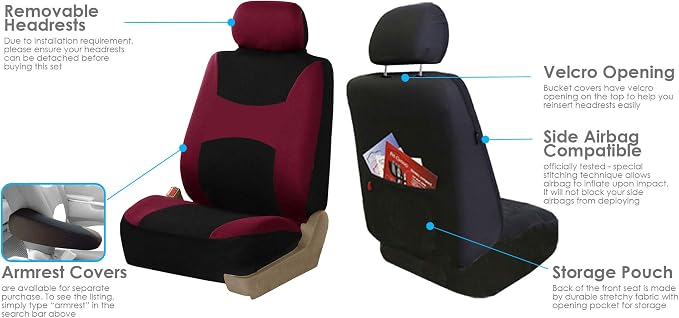 FH Group Car Seat Covers Combo Full Set with Carpet Floor mats Steering Wheel Cover and Seat Belt Pads- Universal Fit for Cars Trucks and SUVs (Burgundy)