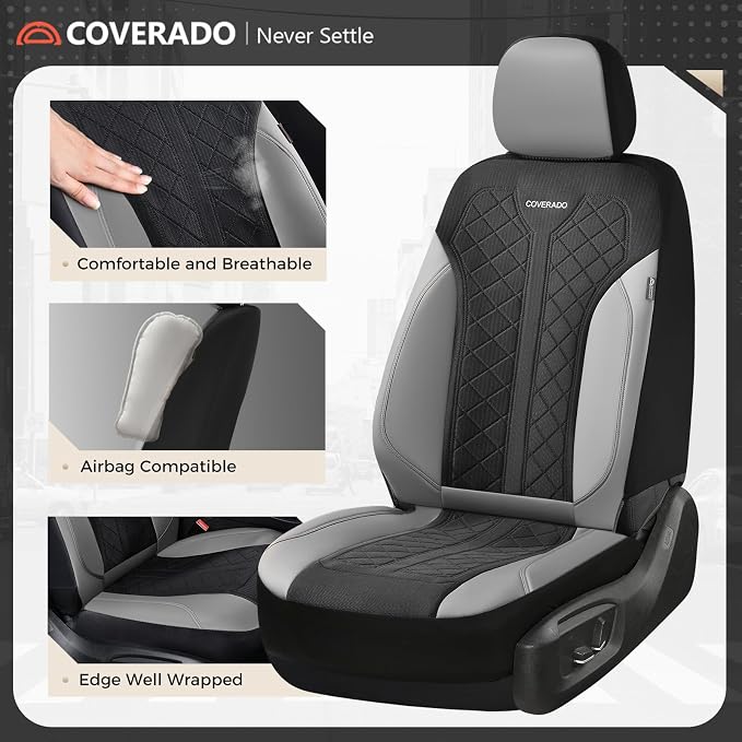 Coverado Leather Car Seat Cover for 2 Seats Front Seat Covers Waterproof Seat Covers 2-Pack Luxury Car Seat Protectors Universal Fit for Most Vehicles, SUV, Truck, Sedan