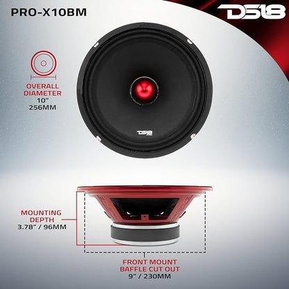 DS18 PRO-X10BM Loudspeaker - 10", Midrange, Red Aluminum Bullet, 600W Max, 300W RMS, 8 Ohms - Premium Quality Audio Door Speakers for Car or Truck Stereo Sound System (1 Speaker)