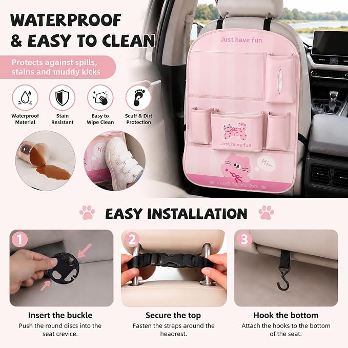 YUNZLAN Leather Backseat Car Organizer, Kick Mats Back Seat Protector with Touch Screen Tablet Holder Back Seat Organizer for Kids with 4 Storage Pockets Travel Accessories (PinkPinkCat)