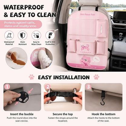 YUNZLAN Leather Backseat Car Organizer, Kick Mats Back Seat Protector with Touch Screen Tablet Holder Back Seat Organizer for Kids with 4 Storage Pockets Travel Accessories (PinkPinkCat)