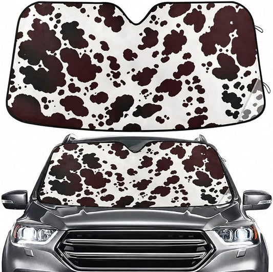 Windshield Sun Shade Cow Print Brown Farm Ram Front Window Block UV Shades Visor Reflective Retractable for Car SUV Trucks