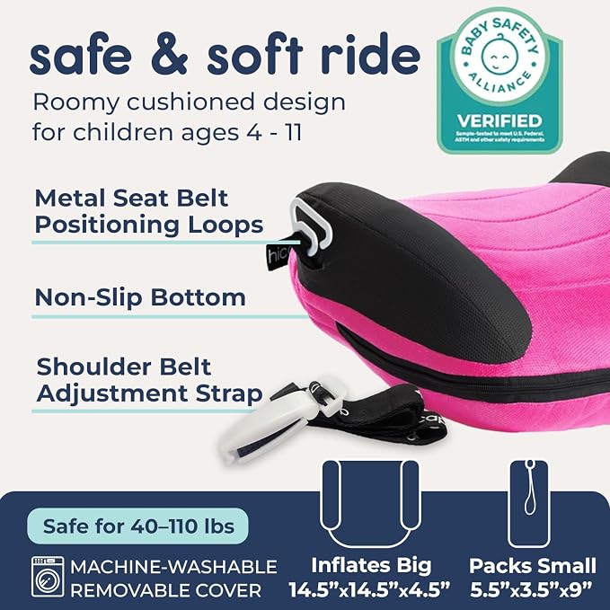 Hiccapop UberBoost Inflatable Booster Car Seat | Blow up Narrow Backless Booster Car Seat for Travel | Portable Booster Seat for Toddlers, Kids, Child | Pink/Black