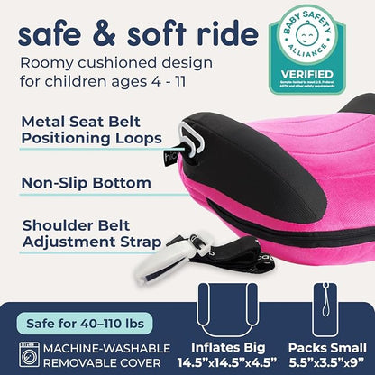 Hiccapop UberBoost Inflatable Booster Car Seat | Blow up Narrow Backless Booster Car Seat for Travel | Portable Booster Seat for Toddlers, Kids, Child | Pink/Black