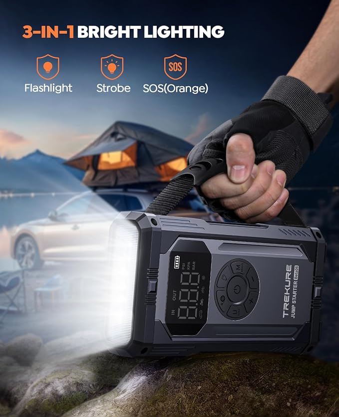TREKURE 8-in-1 Jump Starter with Air Compressor 6000A 150PSI Portable Car Battery Jump Starter (All Gas/10L Diesel), 12V Jump Box Car Battery Jumper Starter Portable with Jumper Cables, Lights