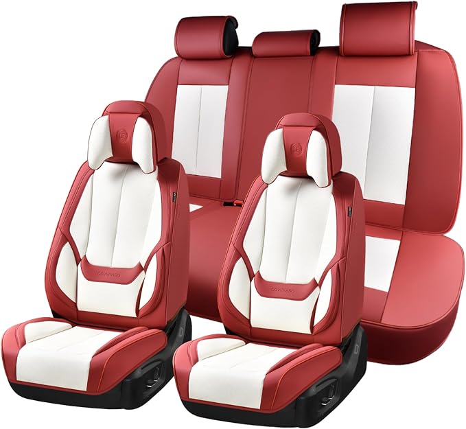 Coverado Seat Covers Full Set, 5 Seats Seat Covers for Cars, Waterproof Nappa Leather Car Seat Covers with Head Pillow, Seat Protectors Car Seat Cushion Universal Fit for Most Cars (Red&White)