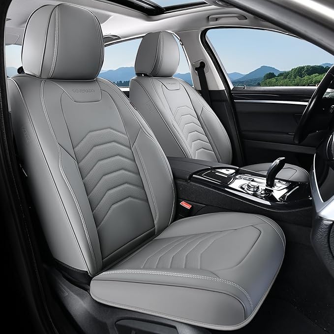 Coverado Leather Seat Covers, Gray Seat Covers Full Set, Car Seat Covers Front Seats and Back, Waterproof Faux Leather Car Seat Cushion Car Seat Protector Universal Fit for Most Cars Trucks SUV