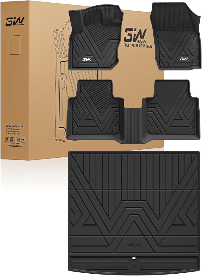 3W Floor Mats & Cargo Liner for Volkswagen Tiguan 2025 2026, All-Weather Protection TPE Car Mats 2 Rows Full Set for VW Tiguan Accessories, Black