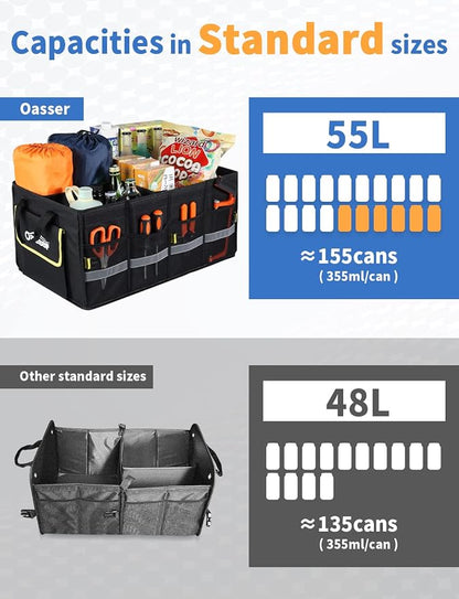 Oasser Car Trunk Organizer, 3 Compartments Collapsible Waterproof Car Organizer Storage with Foldable Cover, Reflective Strip, Non-Slip Bottom, 4 Mesh Pockets for SUV/Truck/Sedan/Camping/Road Trip