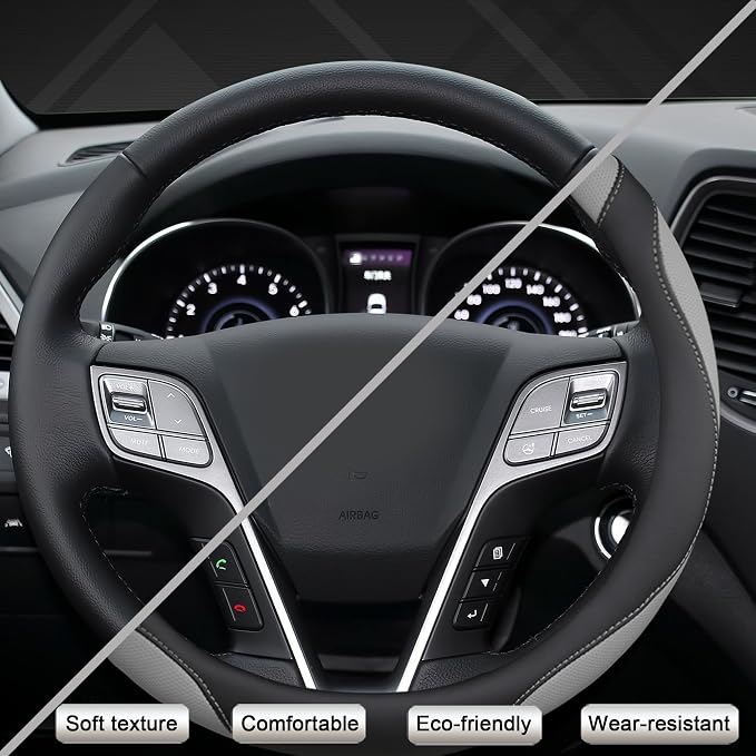 West Llama Customized Auto Car Steering Wheel Cover for Hyundai,Tucson,Sonata,Elantra,Santa Fe,Genesis,Sonata Hybrid,Azera,Venue,Kona, 14.5-15 inches(Black+Gray - Standard Size)