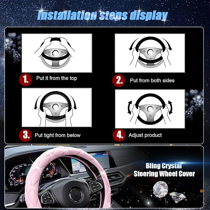 SuperKaKa Pink Steering Wheel Cover 2026, Auto Cute Diamond Bling Comfort Leather Girly Car Interior Accessories Protector Sparkly Automotive Decoration for Women Girl Coquette
