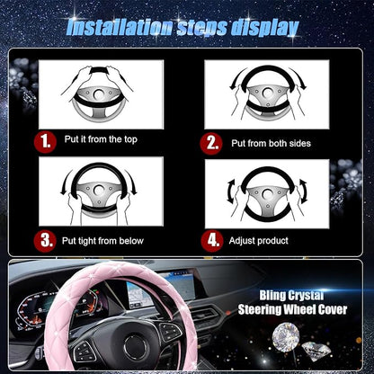 SuperKaKa Pink Steering Wheel Cover 2026, Auto Cute Diamond Bling Comfort Leather Girly Car Interior Accessories Protector Sparkly Automotive Decoration for Women Girl Coquette
