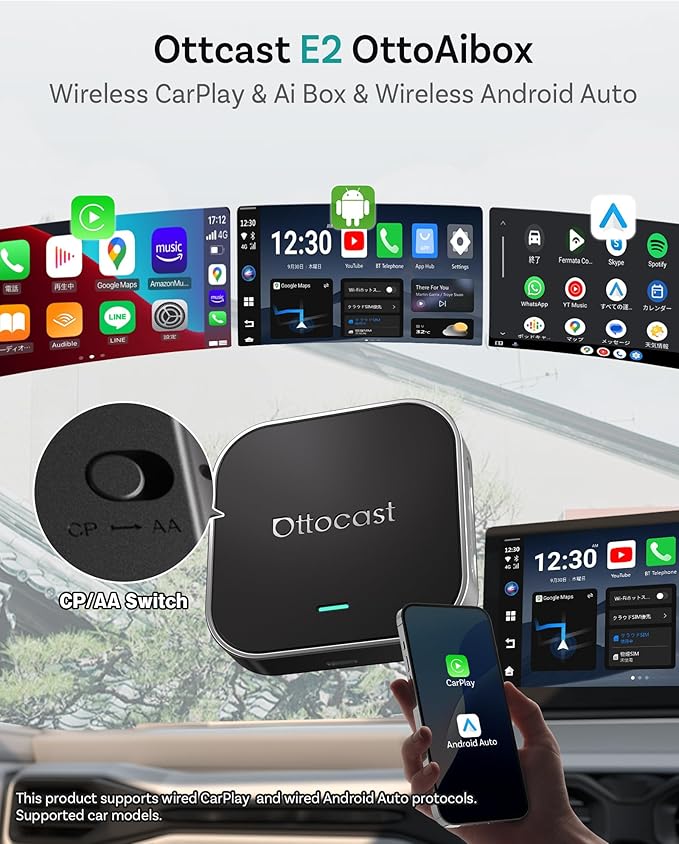 Ottocast E2 OttoAibox 2026 Car Streaming Box, Android 13 Smart AI Box with Netflix/YouTube, Wireless CarPlay Adapter, Car Video Player with Split-Screen