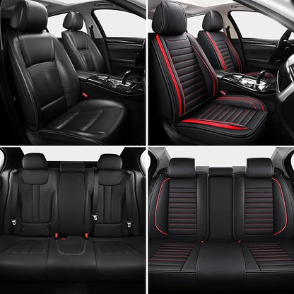 MINGBRON Leather Car Seat Covers Full Set, Universal Faux Leather Car Seat Covers 5 Seats, Automotive Seat Covers for Most Sedans SUVs Trucks, Front and Rear Seat Covers,Wine Red