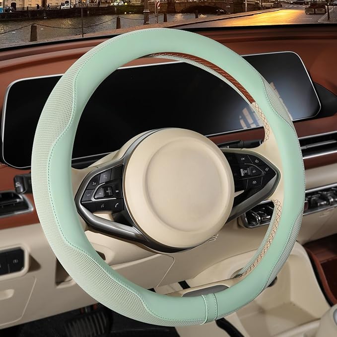 14 inch Steering Wheel Cover for Prius Civic, Nappa Microfiber Leather Non-Slip Breathable Fabric, Warm in Winter and Cool in Summer, Green Small 13.5 inch to 14 inch