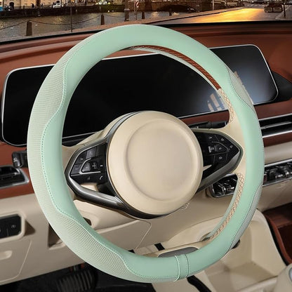 14 inch Steering Wheel Cover for Prius Civic, Nappa Microfiber Leather Non-Slip Breathable Fabric, Warm in Winter and Cool in Summer, Green Small 13.5 inch to 14 inch