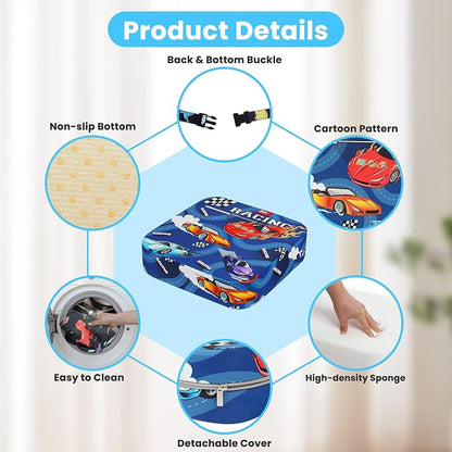 Toddler Booster Seat for Dining Table, 4" Kids Booster Seat for Kitchen Chair with Non-Slip Bottom, Portable Detachable Washable Increasing Cushion with 2 Adjustable Straps (Racing car)