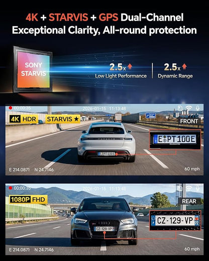 COOLCRAZY Dash Cam Front Rear - 4K STARVIS Sensor Dashcam,Free 64GB Card, Built-in 5G WiFi/GPS, Dual Dash Camera for Cars with 3" IPS Screen,HDR/WDR Night Vision, App Control, 24H Parking Mode